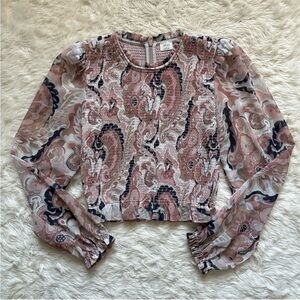 Aritzia Wilfred Top Tempest Blouse Smocked Chiffon Long Puff Sleeves Paisley S
